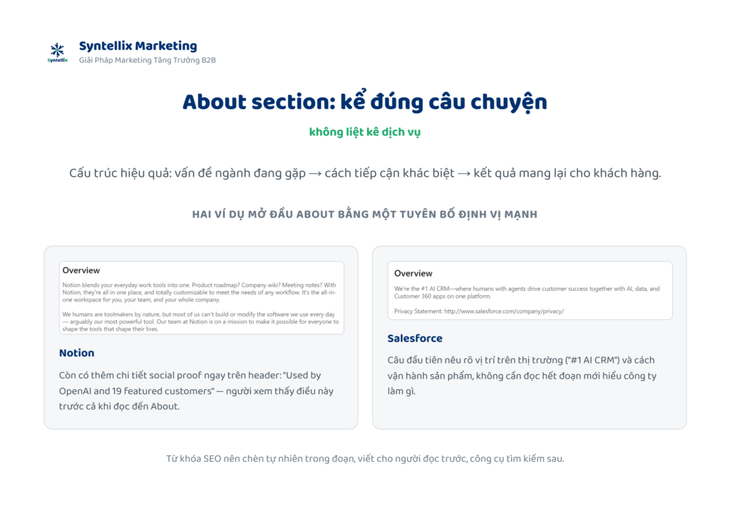 About section: kể đúng câu chuyện, không liệt kê dịch vụ