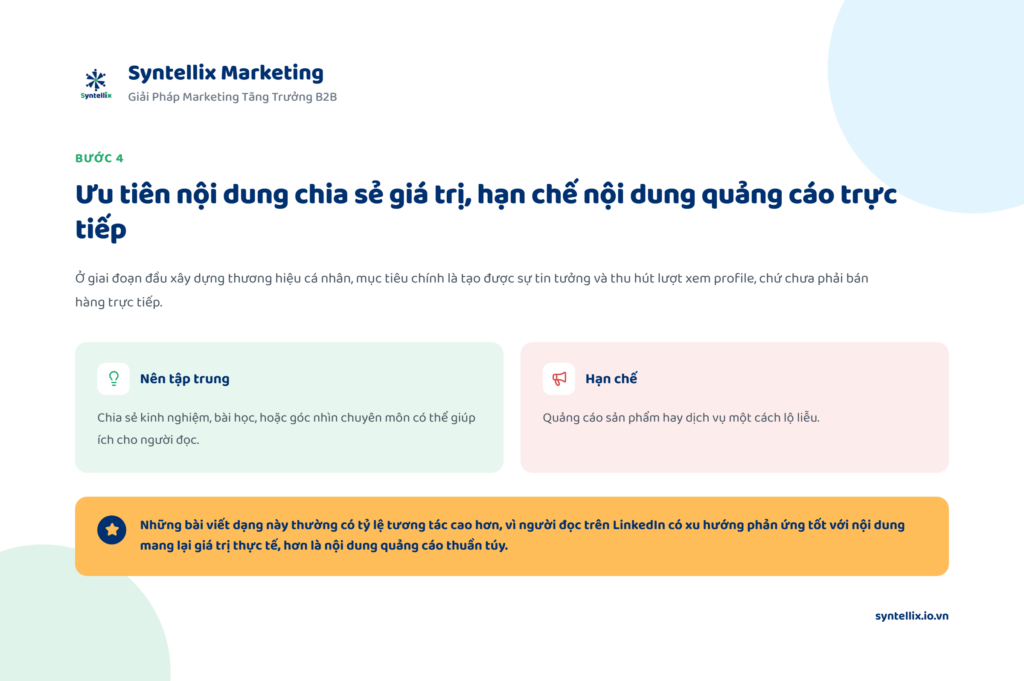 Bước 4: Ưu tiên nội dung chia sẻ giá trị, hạn chế nội dung quảng cáo trực tiếp