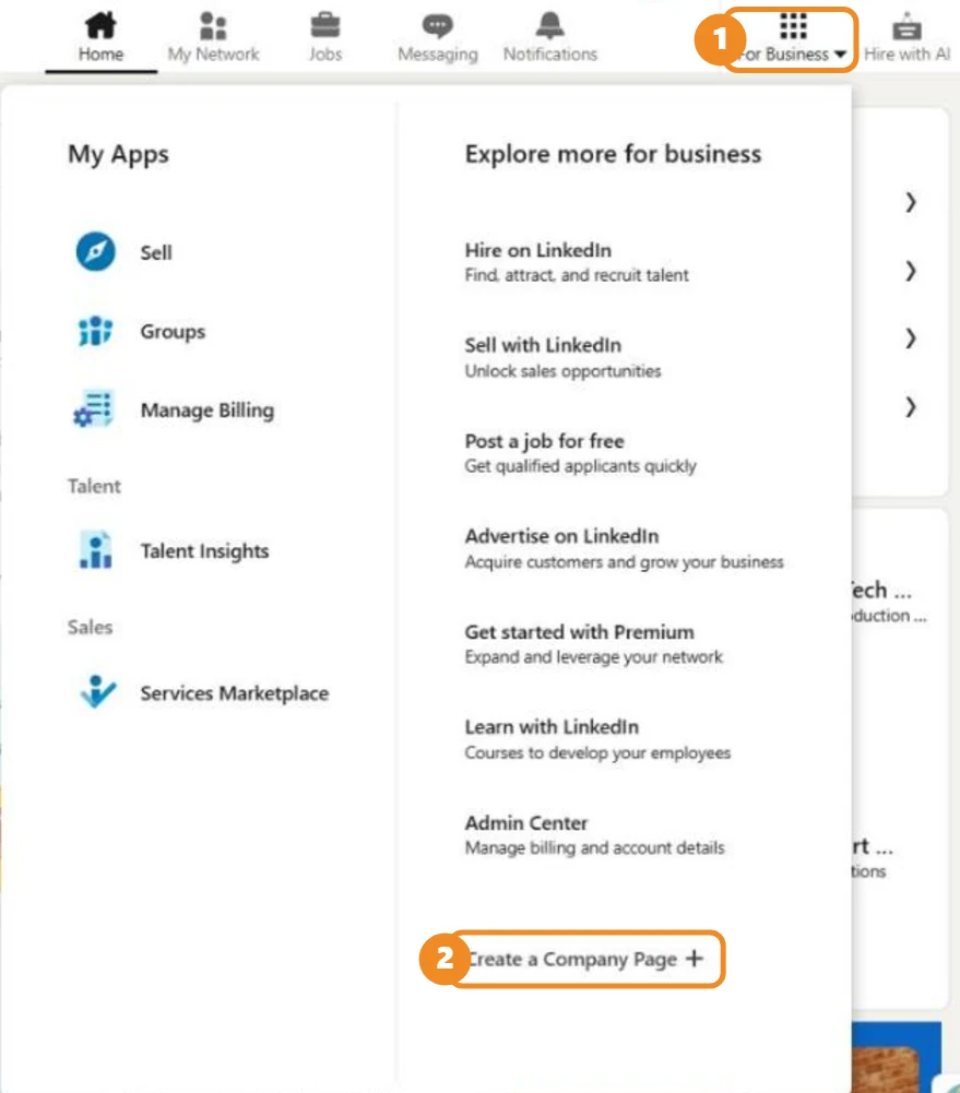 Cách tạo LinkedIn cho doanh nghiệp: bấm For Business rồi chọn Create a Company Page